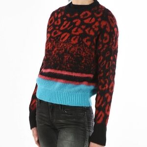 Diesel Leopard Print Mohair Blend Colorblock Sweater Womens Size Small Red Blue
